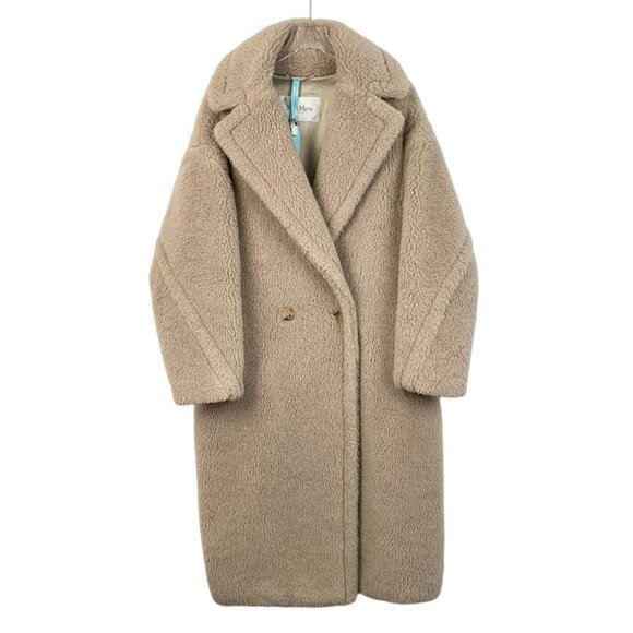 Max Mara Womens Beige Teddy Double-Breasted Wool & Alpaca Long Coat Size M - Picture 1 of 8